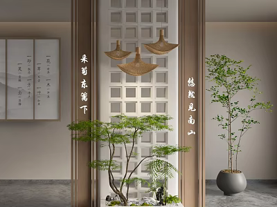Chinese Wooden Partition with Grid Design Hanging Lamps and Green Plants in Interior 3d model