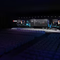Modern Technology Conference Stage Featuring Large Screens INNOVATION Text World Grid And Digital Graphics