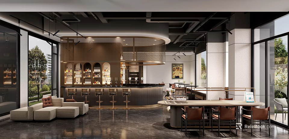 Modern Industrial Bar Interior With Wine Racks Bar Stools And Sofas 3d model 