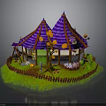 Halloween Cottage With Purple Roof Orange Pumpkins Spider Webs Fence And Grass
