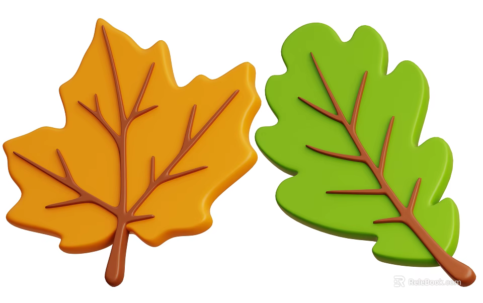 Leaf Shaped Maple Oak Leaf Decorative Ornament Set Orange Green With Vein Details Home Decor 3d model 