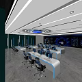 Modern Monitoring Room Interior Design With Control Desks Computer Monitors And Blue Chairs