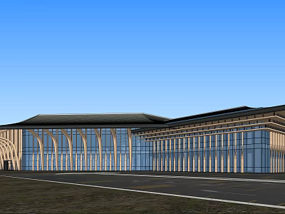 Contemporary Building Exterior With Glass Curtain Wall Black Roof Spacious Front Area Under Blue Sky 3d model