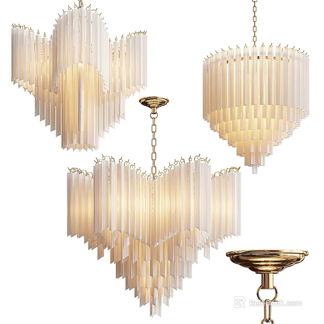 Modern Layered Chandeliers With White Acrylic Strip Design And Gold Metal Frame 3d model 