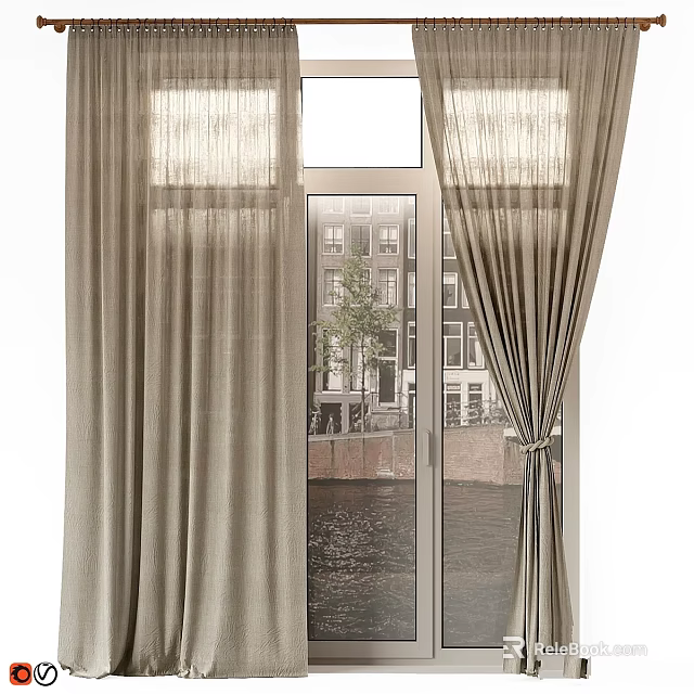 Tied Back Beige Linen Curtains Over Glass Doors With Canal And Building View 3d model 