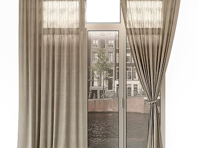 Tied Back Beige Linen Curtains Over Glass Doors With Canal And Building View 3d model