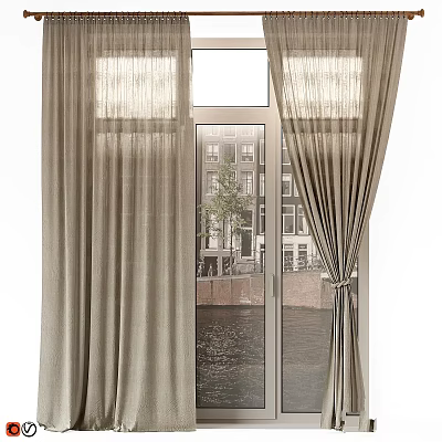 Tied Back Beige Linen Curtains Over Glass Doors With Canal And Building View 3d model
