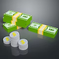 Stacked Green 100 Dollar Bills With Yellow Bands And Coin Stacks