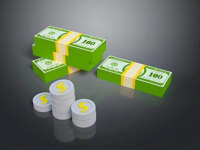 Stacked Green 100 Dollar Bills With Yellow Bands And Coin Stacks 3d model