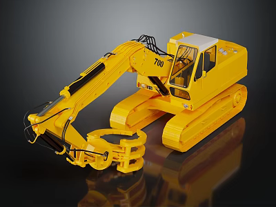 Yellow Construction Excavator Model Number 700 With Tracked Undercarriage And Grapple Attachment 3d model