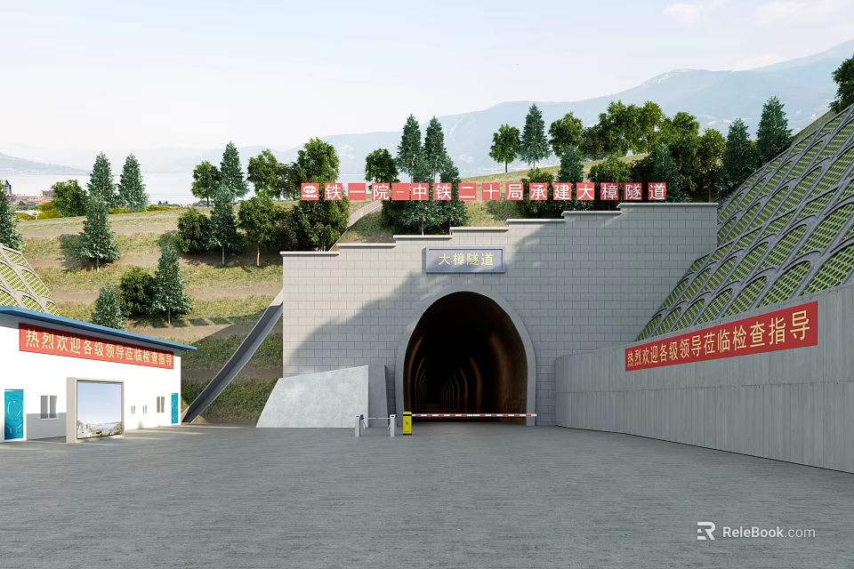 Mountain Tunnel Entrance in Road Infrastructure With Surrounding Greenery and Traffic Passage 3d model 
