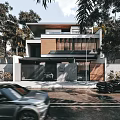 Modern Detached Villa Exterior With Wooden Elements And Black Car Parked Outside