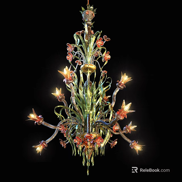 Elegant Ornate Floral Chandelier Design With Colorful Glass Arms And Lit Bulbs 3d model 