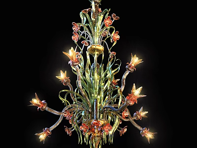 Elegant Ornate Floral Chandelier Design With Colorful Glass Arms And Lit Bulbs 3d model