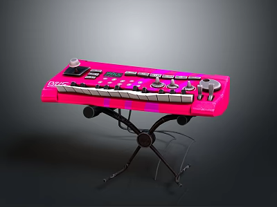 Pink Electronic Keyboard With Control Knobs And Piano Keys On Stand 3d model