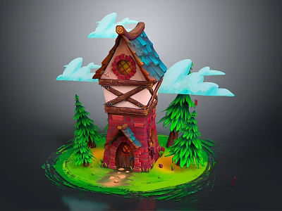 Fairy Tale Style Cottage With Blue Roof Red Brick Walls Wooden Beams Pine Trees And Clouds 3d model