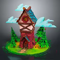 Fairy Tale Style Cottage With Blue Roof Red Brick Walls Wooden Beams Pine Trees And Clouds
