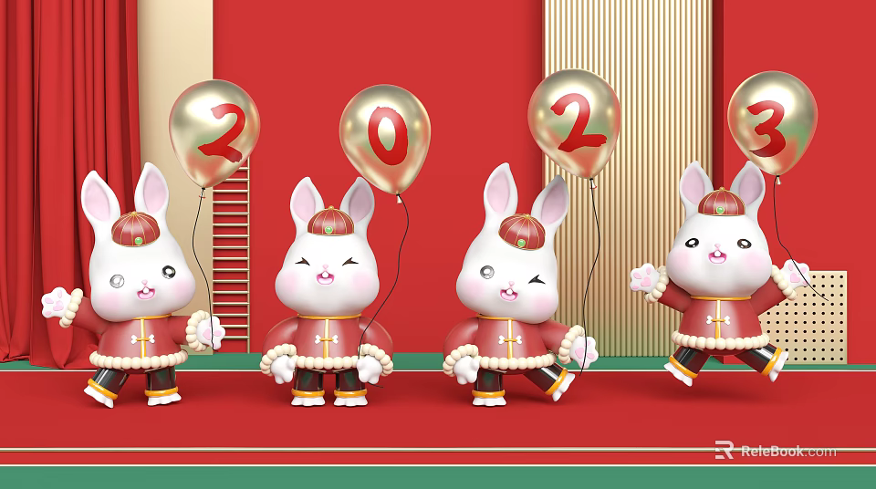 Cartoon Scene With Cute Rabbits Holding 2023 Balloons On Red Background 3d model 