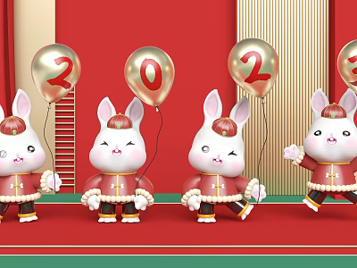 Cartoon Scene With Cute Rabbits Holding 2023 Balloons On Red Background 3d model
