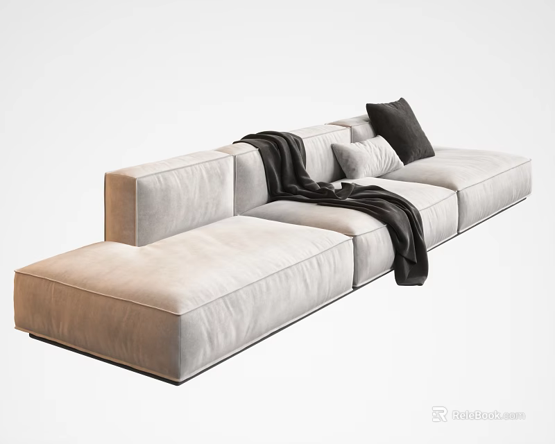 Light Gray Fabric Sectional Sofa with L Shaped Design Black Throw Blanket and Pillows 3d model 