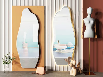 Modern Unique Shape Full Length Mirrors with Mannequin Dog Figurine Potted Plant and Clutch 3d model