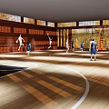 Basketball Gym With People Playing Basketball Wooden Floor Brick Walls And Large Windows