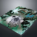 Detailed 3D Terrain Model Featuring Mountain Volcano Lake And Green Terrain