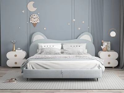 Kids Bed with Bear Ear Headboard Light Blue Gray Wall Moon Star Decorations White Nightstands 3d model