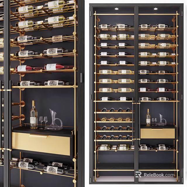 Elegant Modern Wine Cabinet Design With Golden Metal Frame And Glass Doors 3d model 