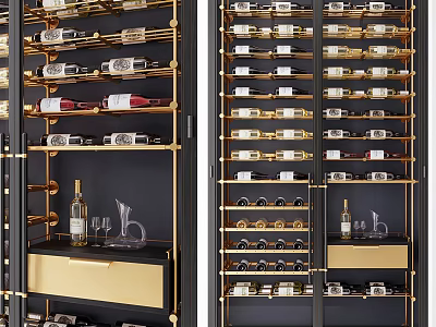 Elegant Modern Wine Cabinet Design With Golden Metal Frame And Glass Doors 3d model