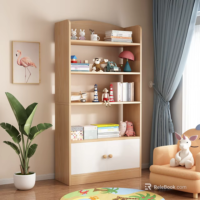 Wooden Multilayer Bookcase with Books Decorative Figurines Pink Lamp Green Plant Flamingo Painting Blue Curtain 3d model 