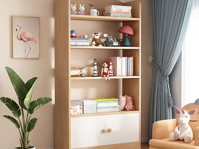 Wooden Multilayer Bookcase with Books Decorative Figurines Pink Lamp Green Plant Flamingo Painting Blue Curtain 3d model
