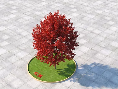 Red Leaf Arbor On Circular Grass Lawn With Golden Border And Gray Tiled Ground 3d model