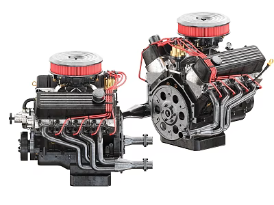 Detailed Car Engines With Red Wires Black Body And Silver Top Covers 3d model