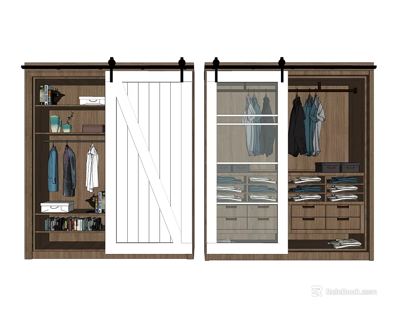Modern Wardrobe Interior Design With Sliding Barn Door Glass Door Storage Shelves Drawers Hanging Clothes 3d model 
