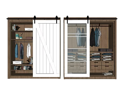 Modern Wardrobe Interior Design With Sliding Barn Door Glass Door Storage Shelves Drawers Hanging Clothes 3d model