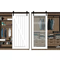 Modern Wardrobe Interior Design With Sliding Barn Door Glass Door Storage Shelves Drawers Hanging Clothes