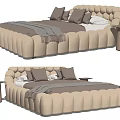 Modern Tufted Beige Double Bed With Plush Upholstery Neutral Pillows Linen Bedding And Gold Nightstand