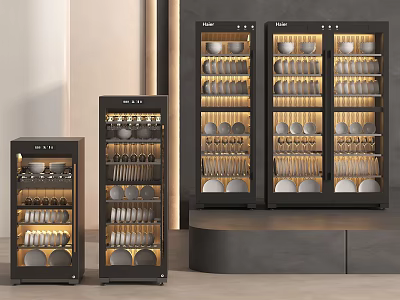 Modern Black Kitchen Display Cabinets With Warm Interior Lighting And Dishes 3d model
