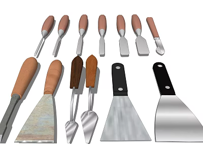 Various Craft Tools With Wooden And Black Handles And Metal Blades 3d model