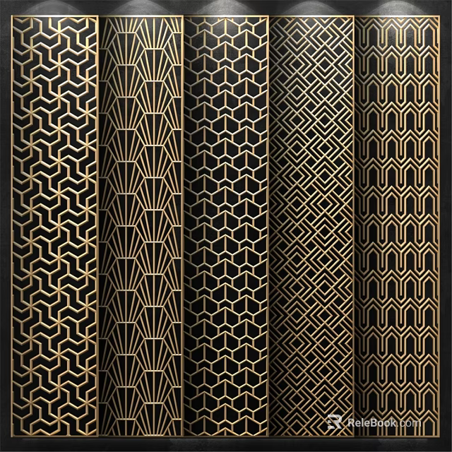 Stylish Modern Wall Decor with Various Geometric Patterns and Black Gold Accents 3d model 