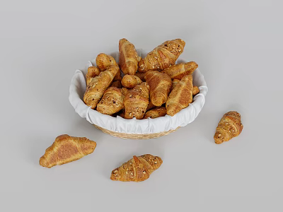 Fresh Golden Brown Croissants in White Basket and Scattered Around 3d model