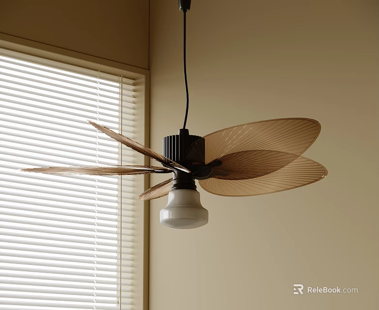 Unique Shaped Pendant Light With Brown Leaf Design In Beige Interior Featuring White Window Blinds 3d model 