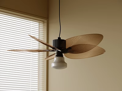 Unique Shaped Pendant Light With Brown Leaf Design In Beige Interior Featuring White Window Blinds 3d model