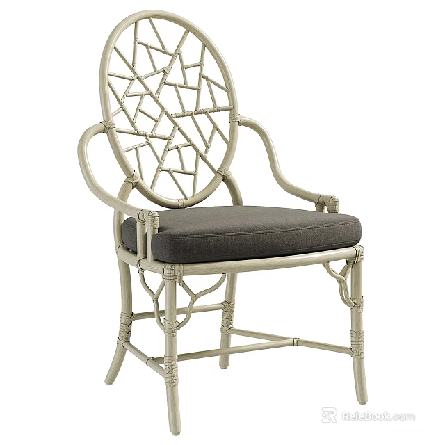 Elegant Rattan Dining Chair With Armrests Round Lattice Back And Comfortable Soft Fabric Seat Cushion 3d model 