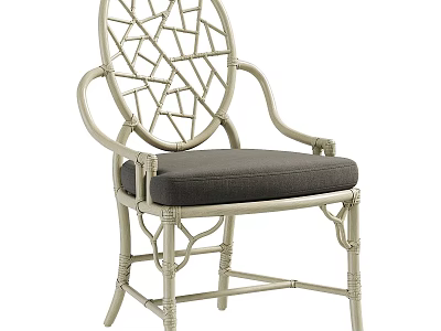 Elegant Rattan Dining Chair With Armrests Round Lattice Back And Comfortable Soft Fabric Seat Cushion 3d model