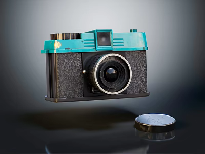 Vintage Digital Camera With Turquoise Top And Black Body Featuring Classic Lens And Cap 3d model