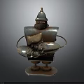 Rusty Metal Robot Sculpture With Hat Holding Pillow On Base