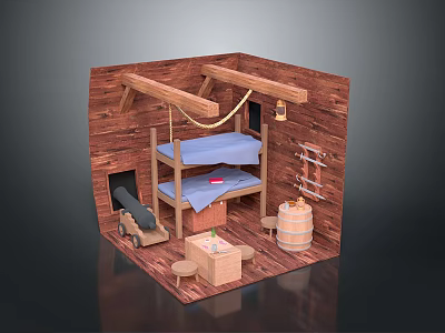 Wooden Cabin Interior With Bunk Bed Blue Cloth Barrel Table And Stools 3d model