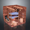 Wooden Cabin Interior With Bunk Bed Blue Cloth Barrel Table And Stools